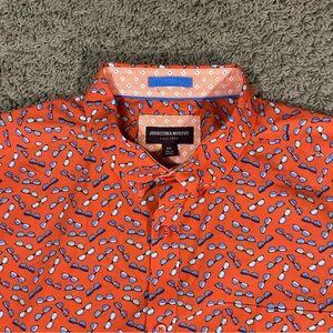 Johnston & Murphy Mens 2XL Button Up Polo Red/Orange Sunglasses AOP Summer Shirt